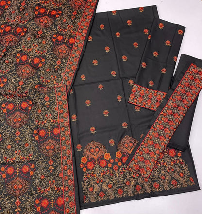 Luxury Embroidered 3pc STUFF: Best Quality Air jet Dhanak Fabric